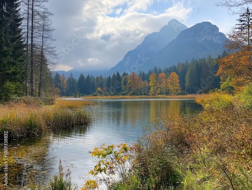 A serene lake with a mountain backdrop in the distance, reflecting the colors of the fall season.