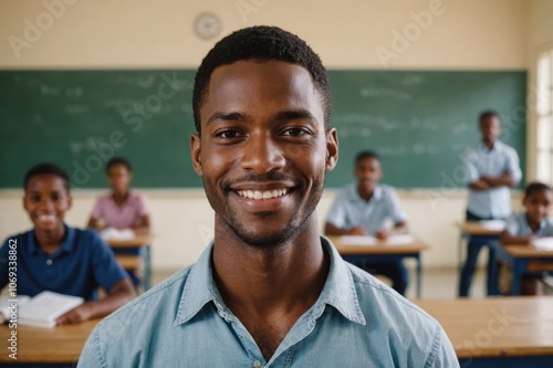 Close portrait of a smiling young Barbadian man school teacher looking at the camera, standing against classroom after school day, blurred background