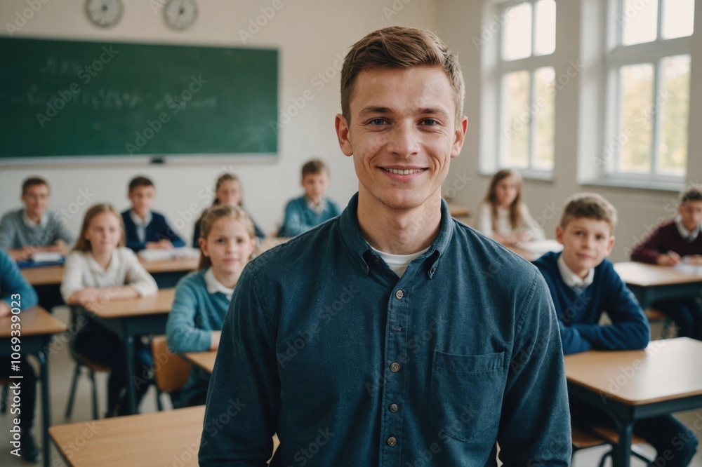 Obraz premium Close portrait of a smiling young Belarusian man school teacher looking at the camera, standing against classroom after school day, blurred background