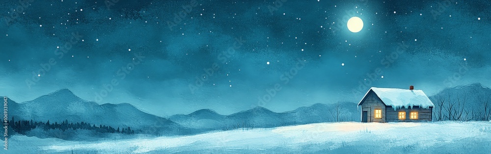Snowy Winter Night with a Cozy Cabin and Starry Sky Snowy Winter Night with a Cozy Cabin and Starry Sky