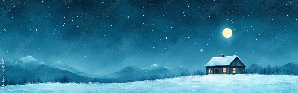Snowy Winter Night with a Cozy Cabin and Starry Sky Snowy Winter Night with a Cozy Cabin and Starry Sky