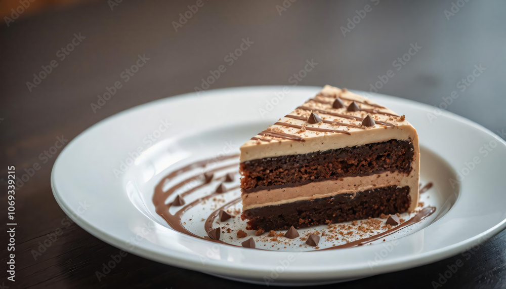 piece of chocolate cake with cream on white plate piece of chocolate cake with cream on white plate