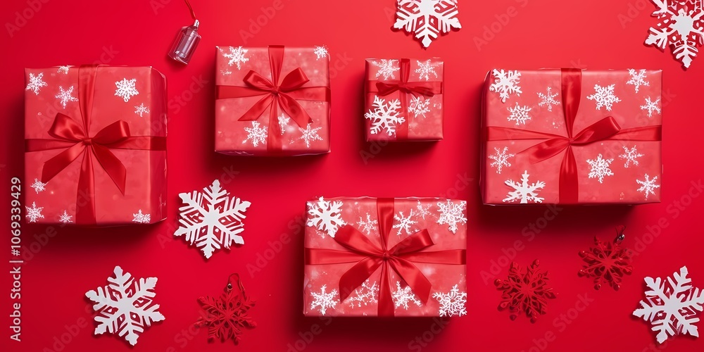 Frame Festively wrapped gifts surrounded by snowflakes on a red background during the holiday season Frame Festively wrapped gifts surrounded by snowflakes on a red background during the holiday season