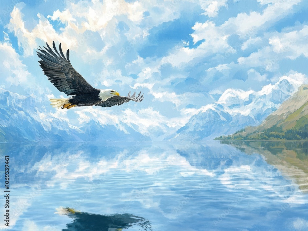 Obraz premium A majestic bald eagle soars through the sky above a serene lake and snow-capped mountains.