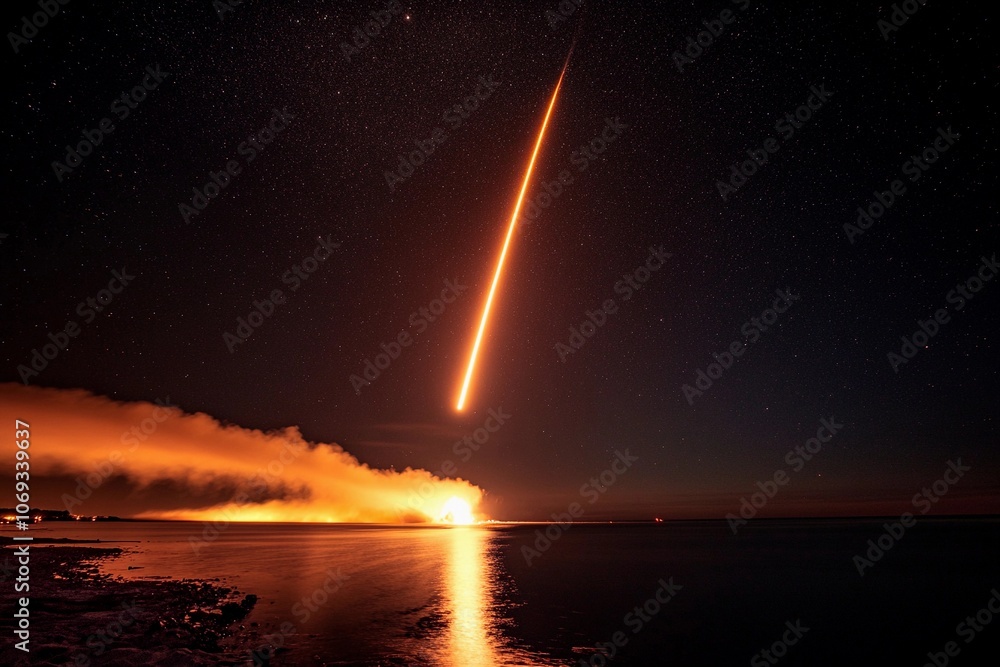 A brilliant rocket launch lights up the night sky over the serene coastline at dawn. Generative AI A brilliant rocket launch lights up the night sky over the serene coastline at dawn. Generative AI