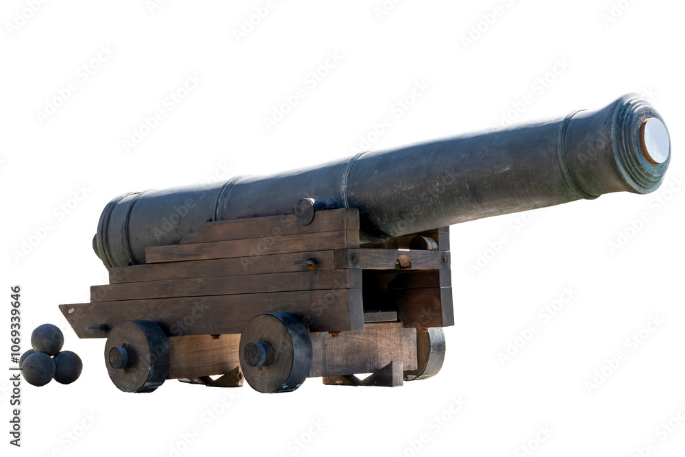 Photo of an old artillery cannon, the 32-pounder Blomefield, widely used in 16th century fortifications, isolated on a transparent background Photo of an old artillery cannon, the 32-pounder Blomefield, widely used in 16th century fortifications, isolated on a transparent background