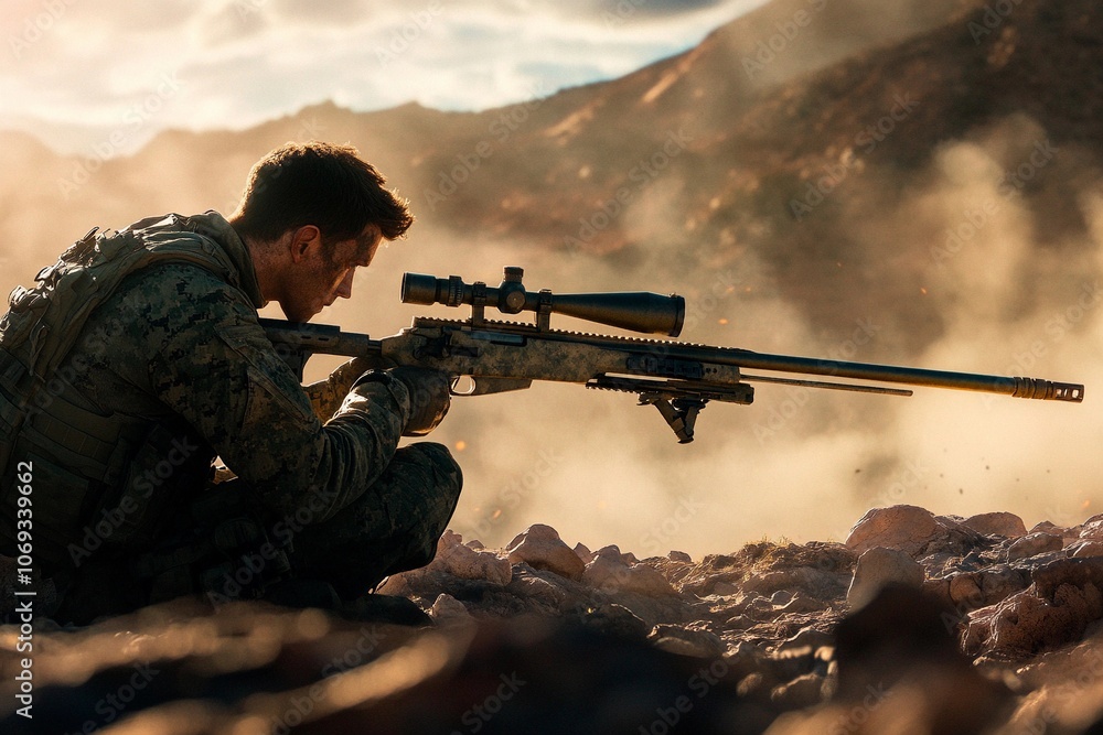 Fototapeta premium A skilled marksman surveys the rugged landscape at dusk, readying for the shot. Generative AI