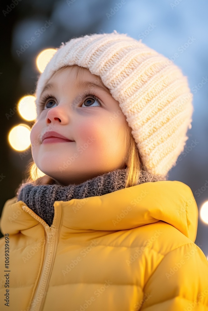 A cheerful child gazes upward in a cozy yellow jacket and white knitted hat, surrounded by soft, glowing lights, This image captures the essence of winter joy and innocence, ideal for holiday themes, A cheerful child gazes upward in a cozy yellow jacket and white knitted hat, surrounded by soft, glowing lights, This image captures the essence of winter joy and innocence, ideal for holiday themes,