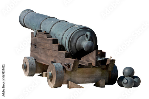 Photo of an old artillery cannon, the 32-pounder Blomefield, widely used in 16th century fortifications, isolated on a transparent background