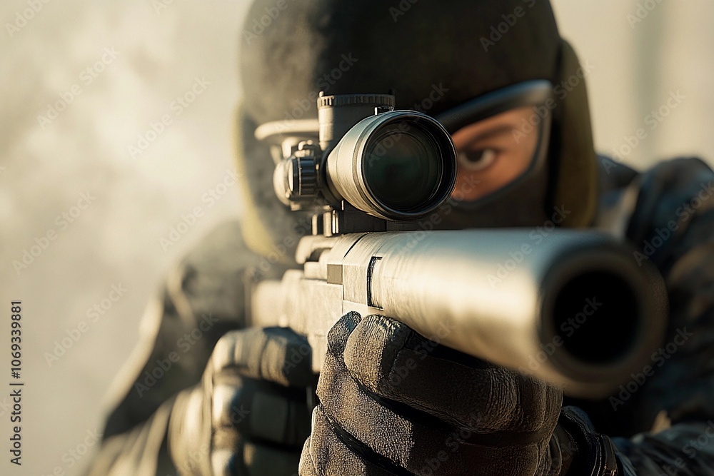 Skilled marksman aiming carefully in a tactical environment during daytime. Generative AI Skilled marksman aiming carefully in a tactical environment during daytime. Generative AI