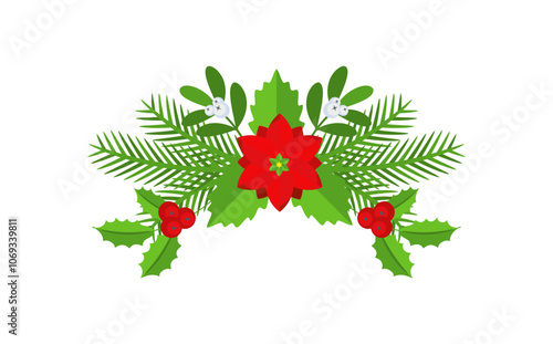Christmas floral border. Spruce evergreen branch, poinsettia and holly berry