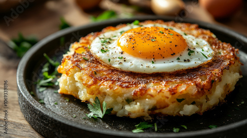 A potato pancake topped with a fried egg.