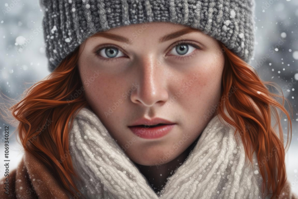redhead freckled woman in snow, face behind wooly scarf, face closeup redhead freckled woman in snow, face behind wooly scarf, face closeup