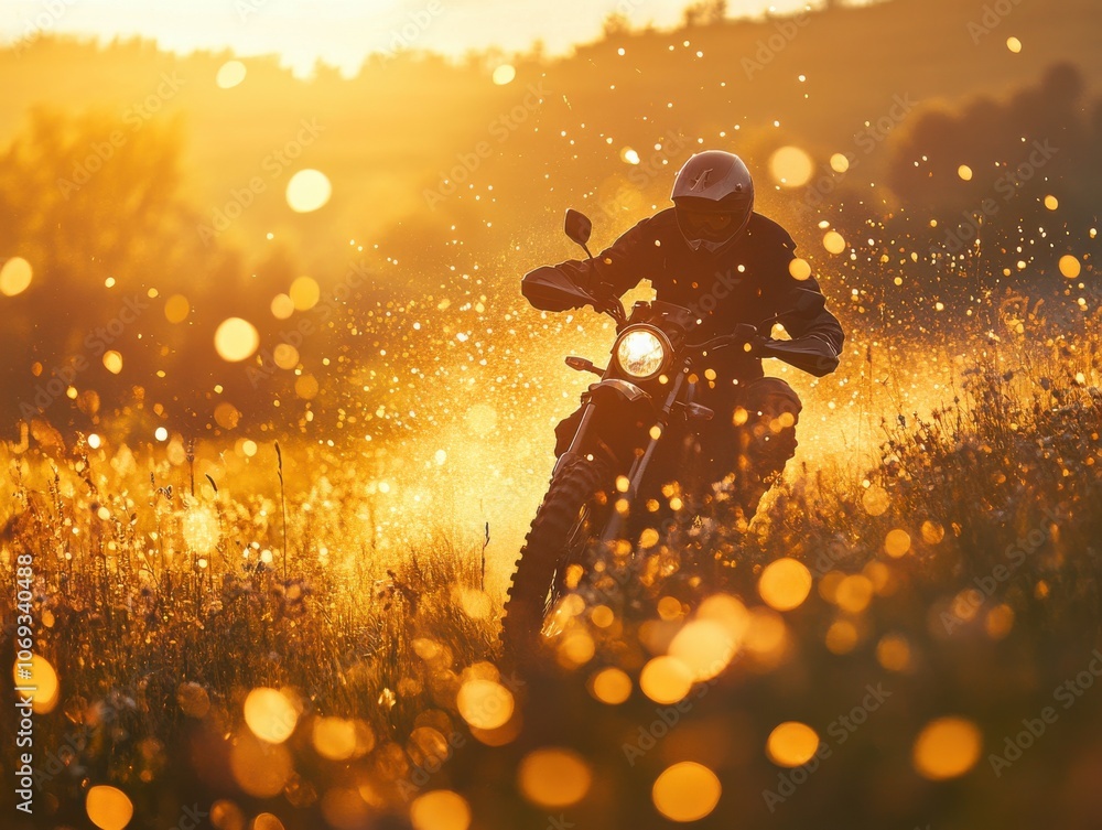 Naklejka premium A motorcyclist rides through a field of tall grass at sunset, the warm light creating a dreamy atmosphere.