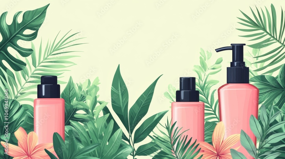 Modern skincare bottles with pink liquid and green tropical leaves promoting eco conscious beauty products and sustainable packaging in a fresh and vibrant wellness setting Modern skincare bottles with pink liquid and green tropical leaves promoting eco conscious beauty products and sustainable packaging in a fresh and vibrant wellness setting