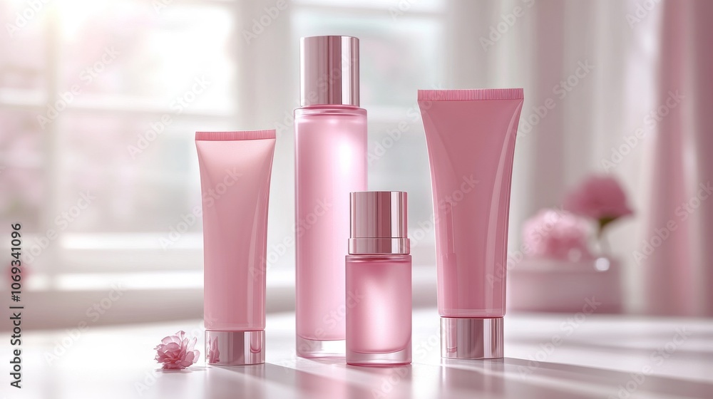 Luxurious pink skincare bottles and containers in a soft lit interior setting with botanical elements emphasizing beauty and self care for a serene feminine focused wellness brand Luxurious pink skincare bottles and containers in a soft lit interior setting with botanical elements emphasizing beauty and self care for a serene feminine focused wellness brand