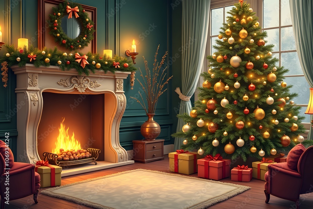 Luxurious Christmas Tree with Glowing Fireplace in Elegant Living Room Setting Luxurious Christmas Tree with Glowing Fireplace in Elegant Living Room Setting