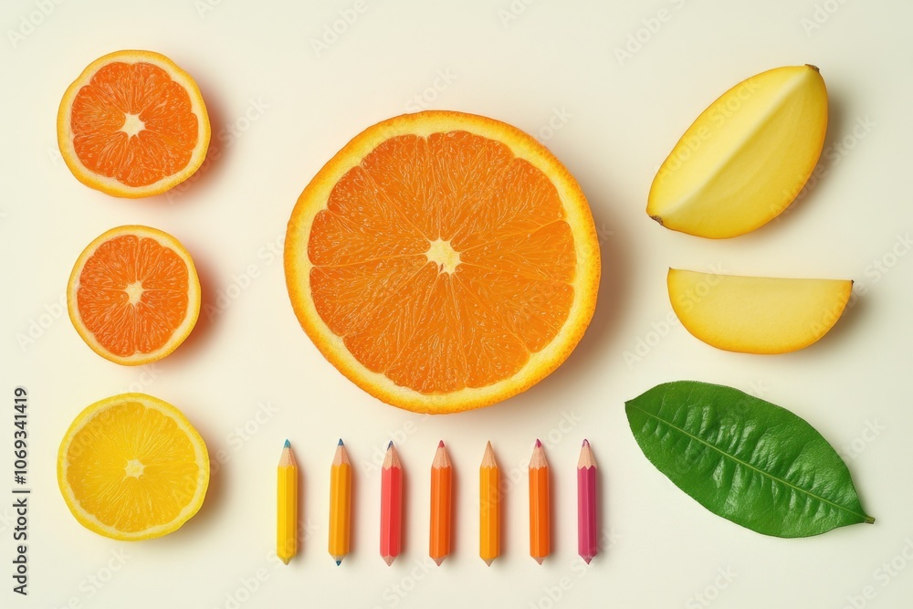 Fototapeta premium Set of colorful pencils placed near a vibrant orange, ideal for illustrations and designs