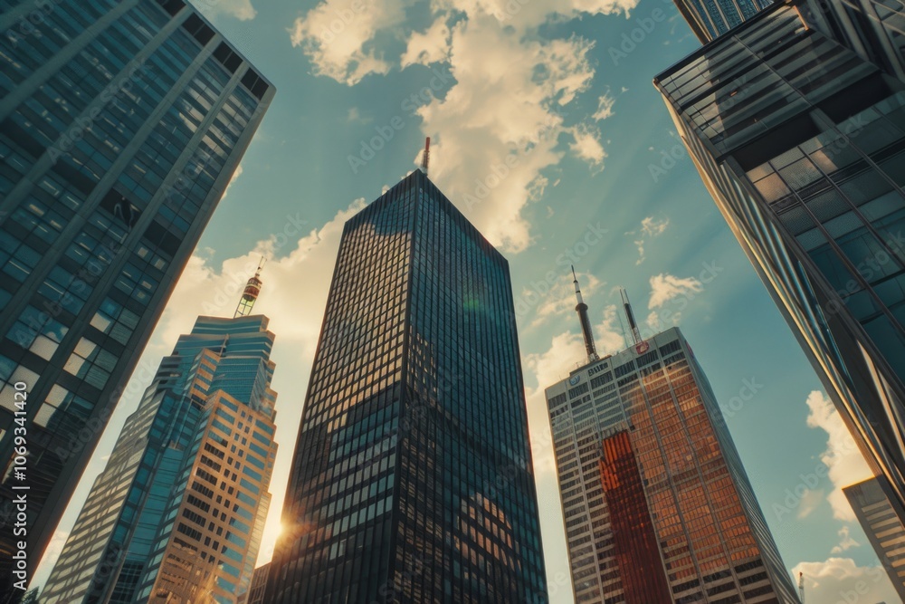 Obraz premium Urban scene with sunlight shining through skyscraper windows