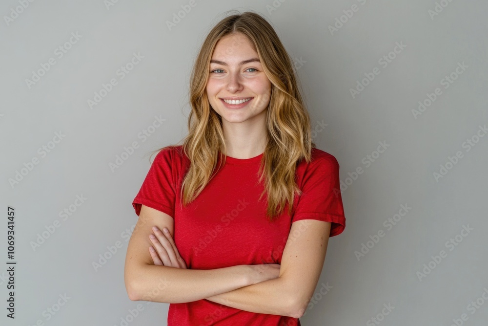 A woman stands with her arms crossed wearing a bright red shirt, suitable for various editorial and commercial uses A woman stands with her arms crossed wearing a bright red shirt, suitable for various editorial and commercial uses