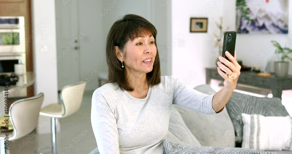 Woman laughing enjoying talking using video chat on smartphone laughing standing by home couch. Woman laughing enjoying talking using video chat on smartphone laughing standing by home couch.