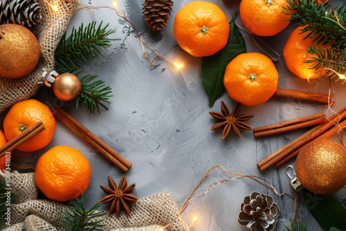 Festive tangerine and pinecone arrangement with cinnamon and lights for holiday decor