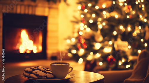 In einem weihnachtlich geschmückten Wohnzimmer steht der Christbaum am Kamin, im Vordergrund eine Tasse Tee mit Keksen, Querformat