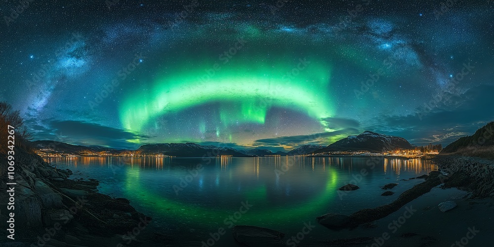 Northern Lights over Snowy Beach and Mountains at Night Northern Lights over Snowy Beach and Mountains at Night