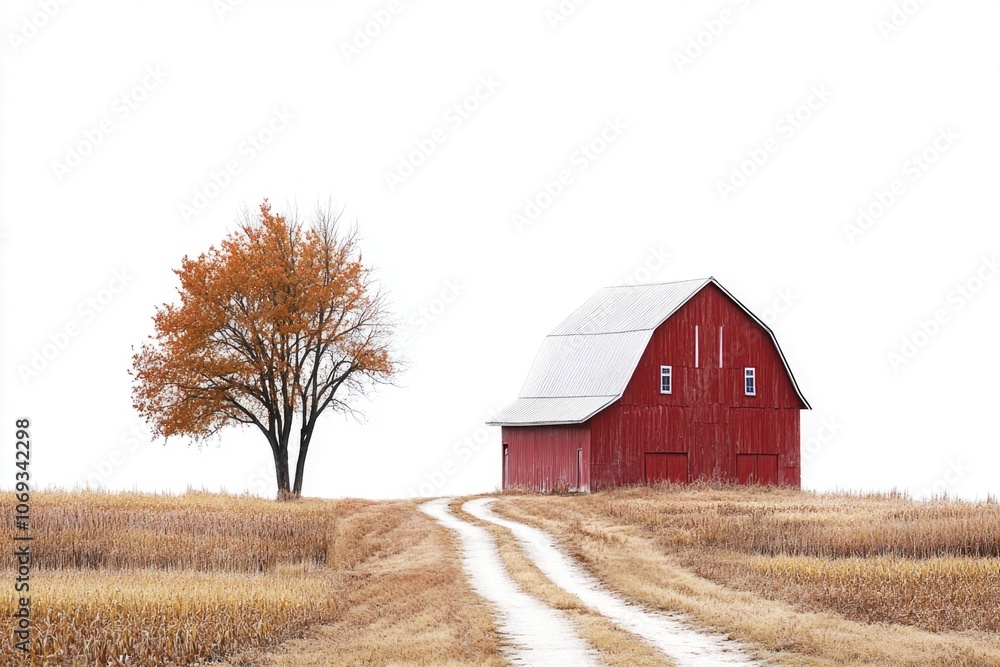 Obraz premium A rustic red barn sits atop a vast, dry field