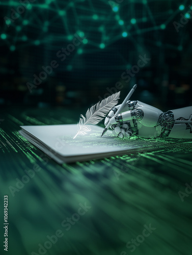 Künstliche Intelligenz wird kreativ, eine Roboterhand schreibt in ein Buch, grüne Codelinien fließen im Hintergrund, Hochformat