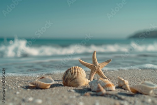 Seashells and starfish scattered on a sandy beach near the ocean photo