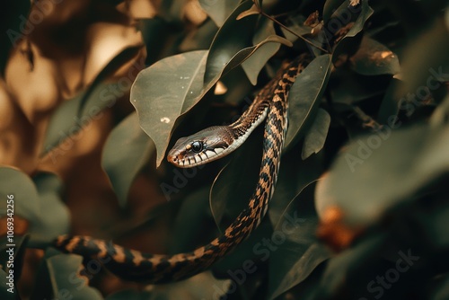 A snake coiled in a tree branch, ready to strike photo