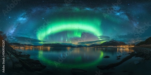 Northern Lights over Snowy Beach and Mountains at Night