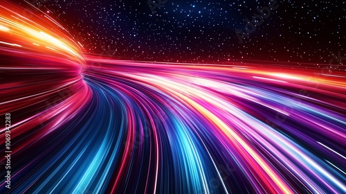 Colorful light trails swirl through a starry night sky, creating a vibrant visual effect of speed and movement