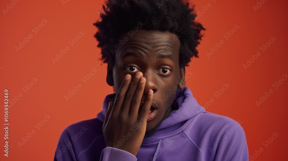 A young man covering his face with his hands, possibly due to embarrassment or shame A young man covering his face with his hands, possibly due to embarrassment or shame