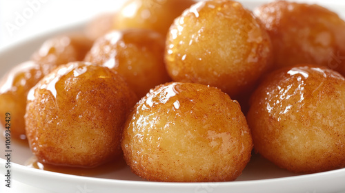 Golden, syrup-coated donuts on a white plate.