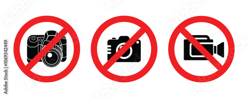 prohibited no camera photography video filming recording permitted sign symbol in red circle simple vector set on transparent background