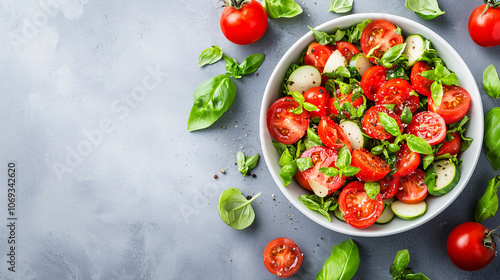 Fresh Tomato and Basil Salad with Cucumber Healthy Food Gourmet Recipe Vegetarian Meal Summer