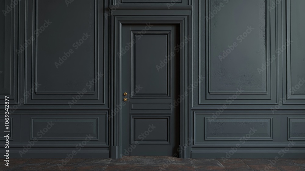 A dark gray door is closed, showing the entrance to a room. This is a 3D image. A dark gray door is closed, showing the entrance to a room. This is a 3D image.