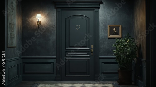 A dark gray door is closed, showing the entrance to a room. This is a 3D image.