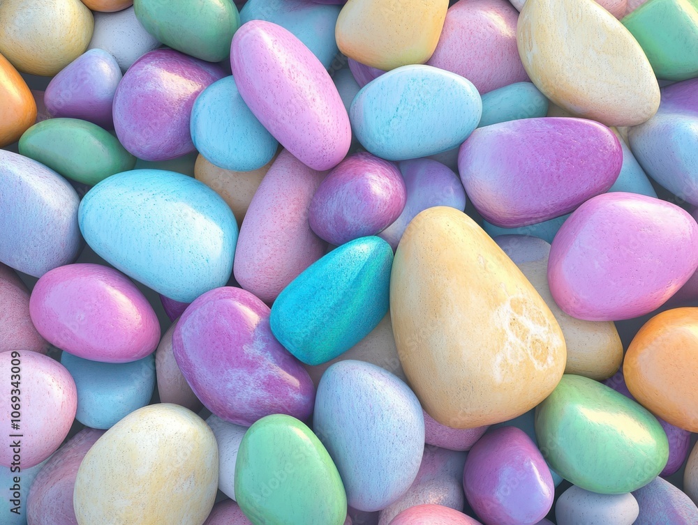 A close-up shot of pastel colored smooth stones. A close-up shot of pastel colored smooth stones.