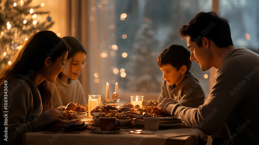 Family Gathered at Christmas Dinner Table Celebrating Togetherness Family Gathered at Christmas Dinner Table Celebrating Togetherness