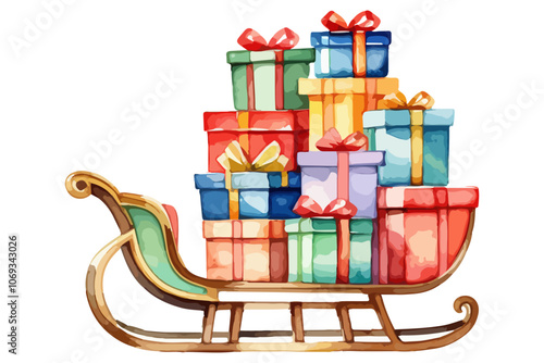 Hand drawn watercolor illustration of Santa's sleigh full of gifts, set against isolated on a white background. Perfect for holiday and Christmas themed designs vector design.