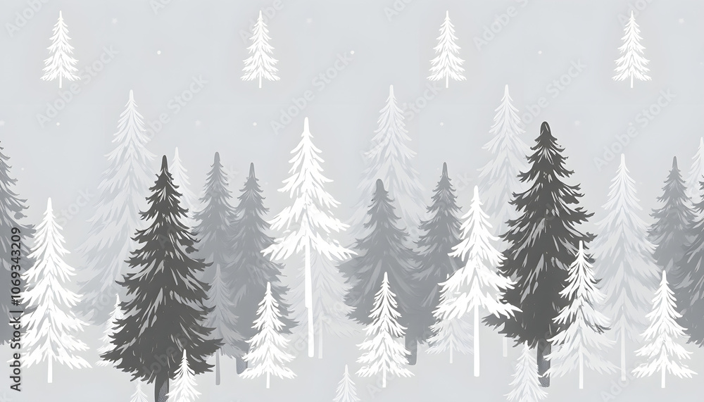 Seamless pattern with winter spruce forest drawn in monochrome colour. Surface design for wintery holiday and children collection, digital art Seamless pattern with winter spruce forest drawn in monochrome colour. Surface design for wintery holiday and children collection, digital art