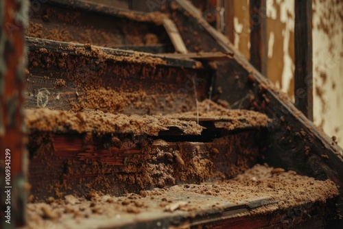 A close-up shot of a staircase with a thick layer of dirt covering the steps