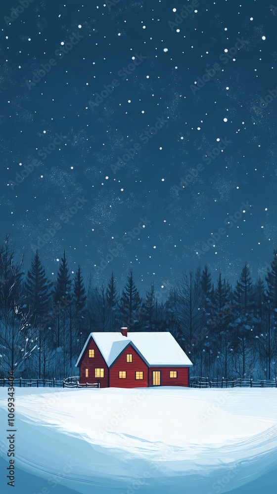 Cozy cabin under the starry night sky in a winter forest Cozy cabin under the starry night sky in a winter forest