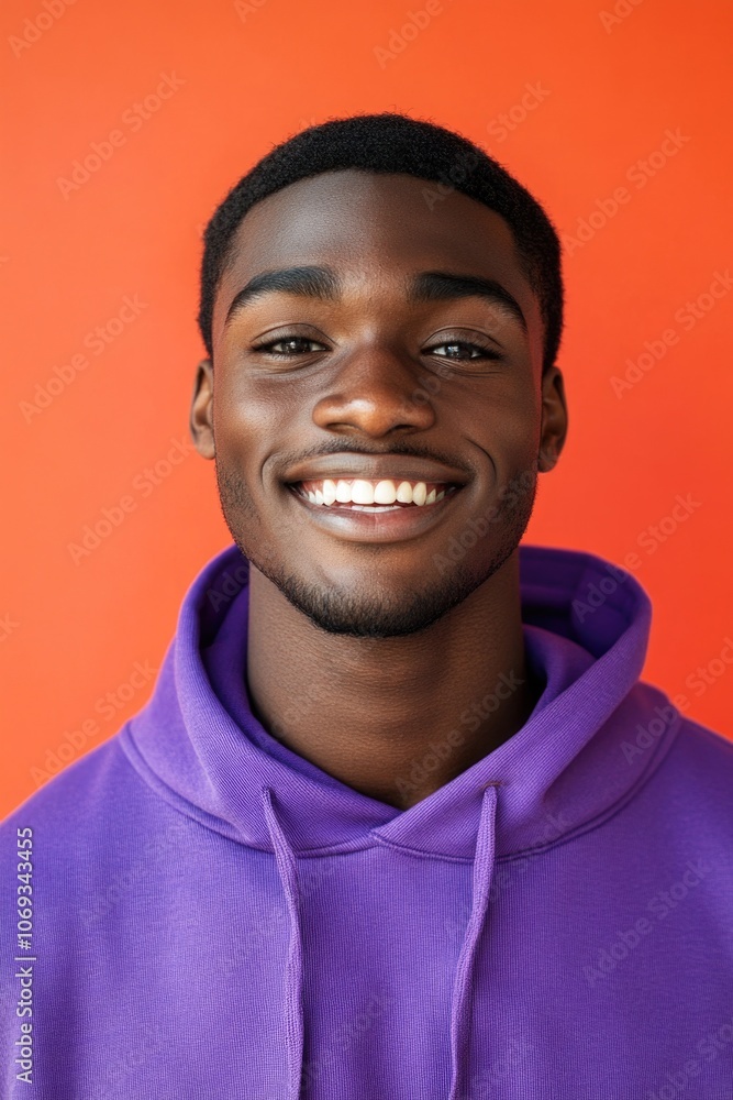 A person smiling at the camera while wearing a purple hoodie A person smiling at the camera while wearing a purple hoodie