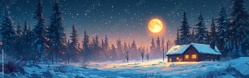 Cozy cabin under the starry night sky in a winter forest Cozy cabin under the starry night sky in a winter forest