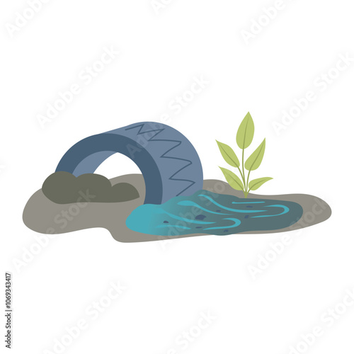 Water pollution in flat design. Dirty sewage and toxic trash in river. Vector illustration isolated.