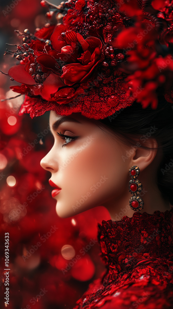 Dramatic Portrait of Woman in Red Floral Hat Dramatic Portrait of Woman in Red Floral Hat